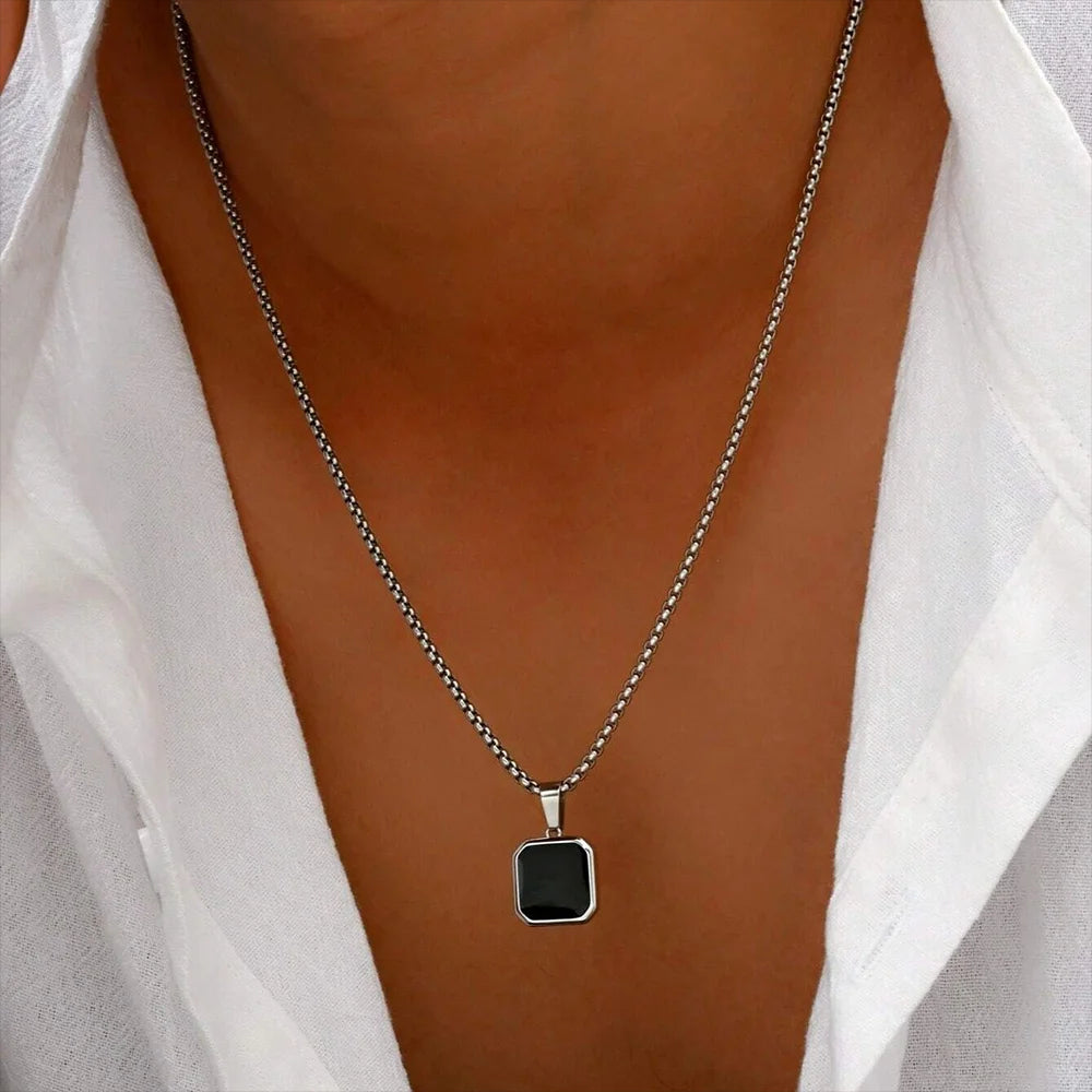 Unisex Stainless Steel Black Geometric Square Pendant