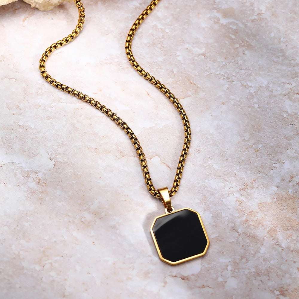Unisex Stainless Steel Black Geometric Square Pendant