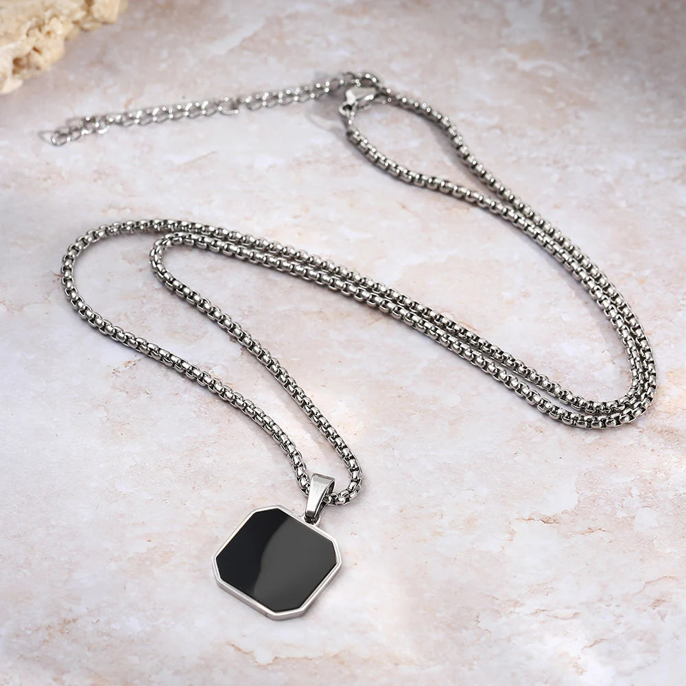 Unisex Stainless Steel Black Geometric Square Pendant