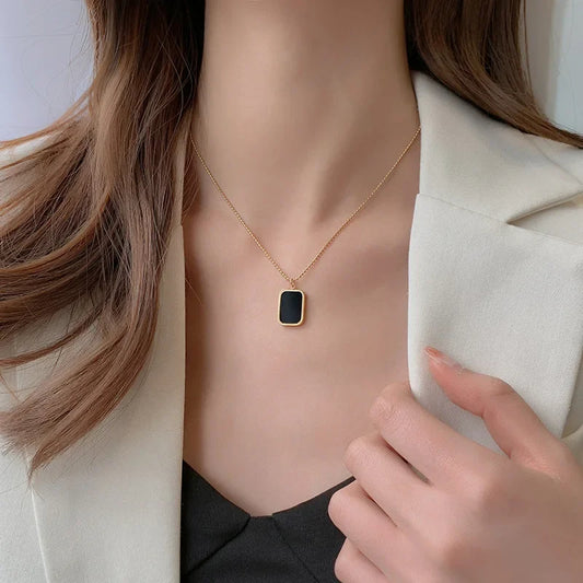 Unisex Stainless Steel Black Geometric Square Pendant