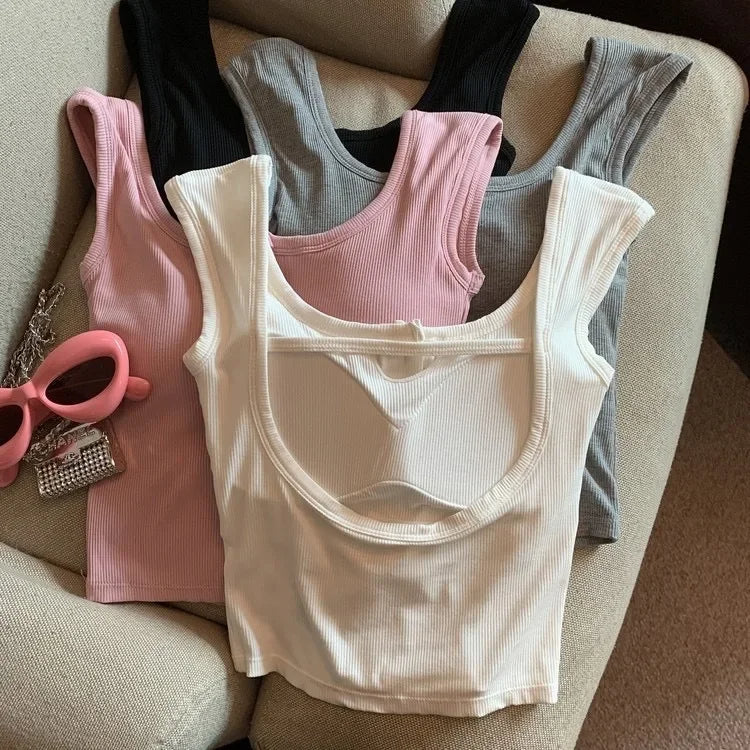 U-Neck Design Strap Vest with Chest Pad Inner