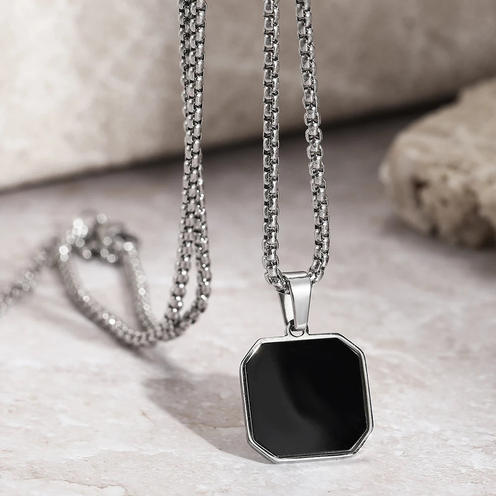 Unisex Stainless Steel Black Geometric Square Pendant