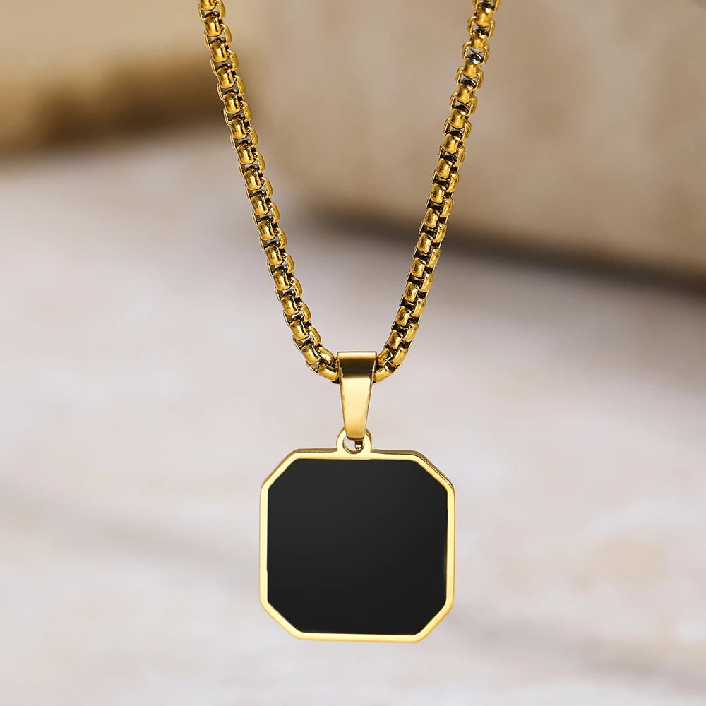 Unisex Stainless Steel Black Geometric Square Pendant