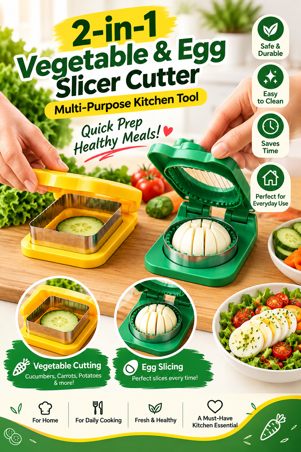 🥗 2-in-1 Vegetable & Egg Slicer Cutter – Multi-Purpose Kitchen Tool