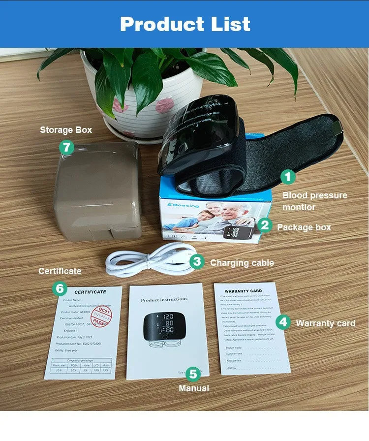 Button Mode LCD Screen Rechargeable Voice Wrist Blood Pressure Monitor