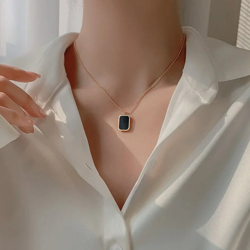 Unisex Stainless Steel Black Geometric Square Pendant