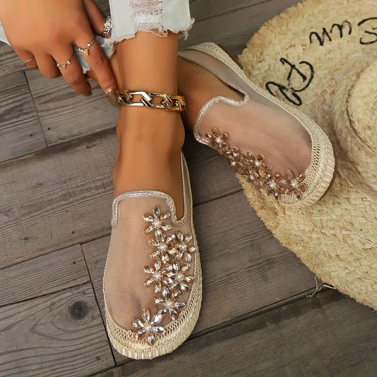 Rhinestone Floral Mesh Slip-On Flats