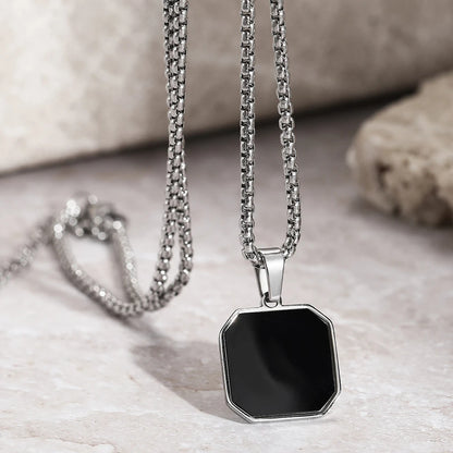 Unisex Stainless Steel Black Geometric Square Pendant