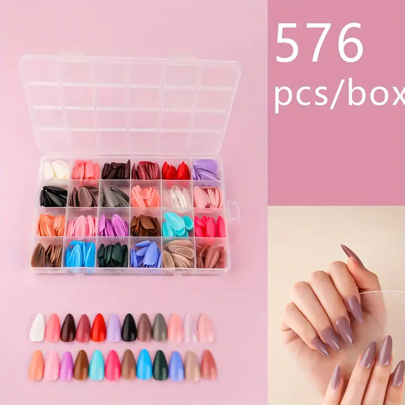 Artificial Nails 576 Pcs Beautiful Fancy Fake Nails (Random Color)