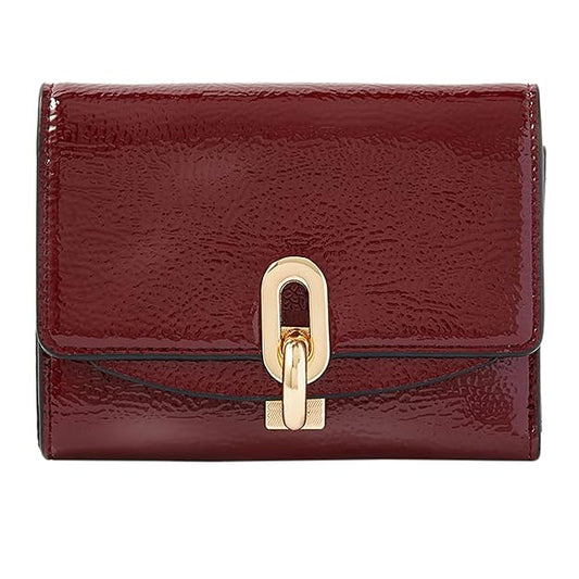 London Women's Faux Leather Burgundy Patent Lock Wallet Purse