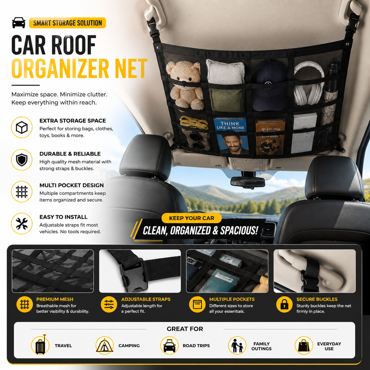 Multifuctional Car Roof Organizer Net