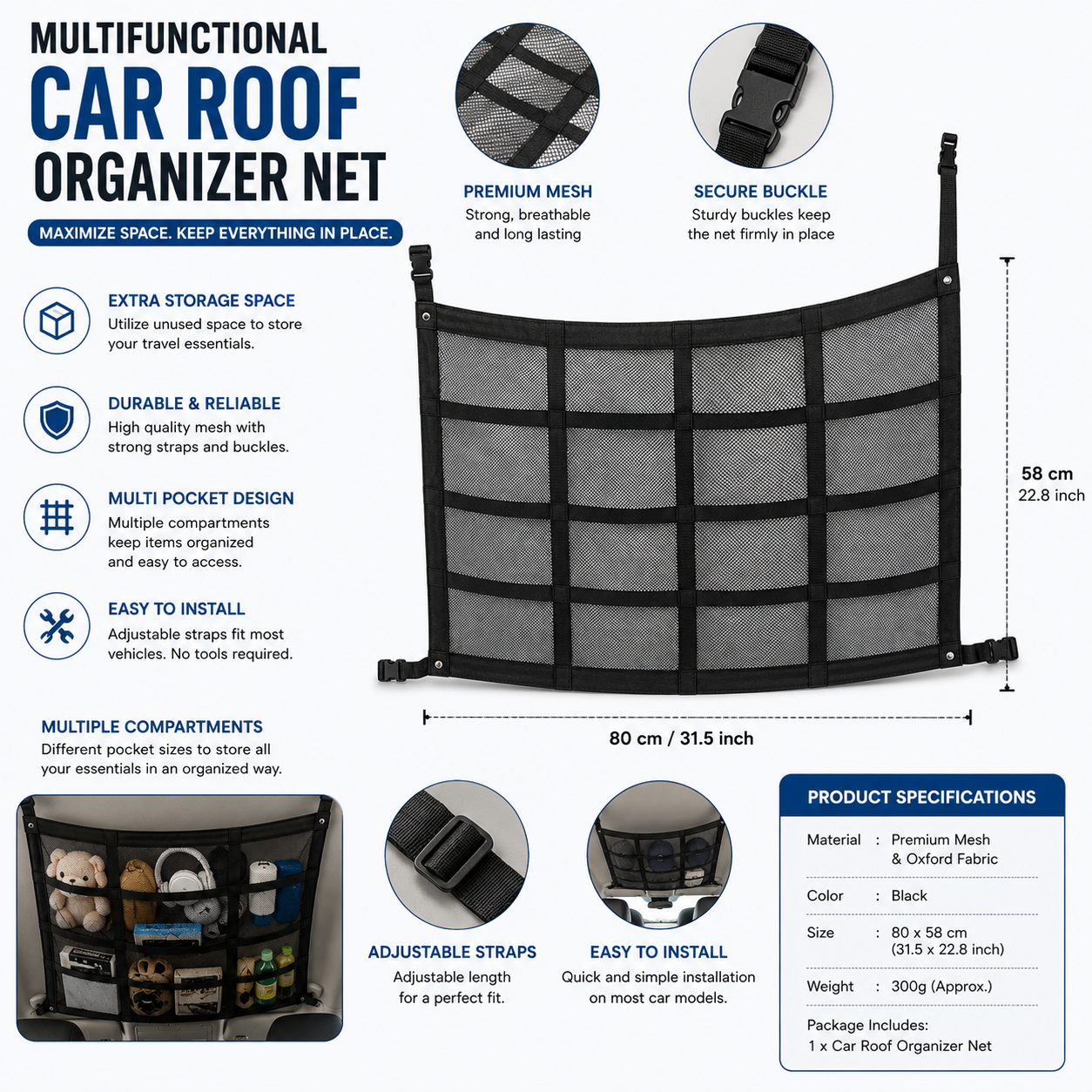 Multifuctional Car Roof Organizer Net