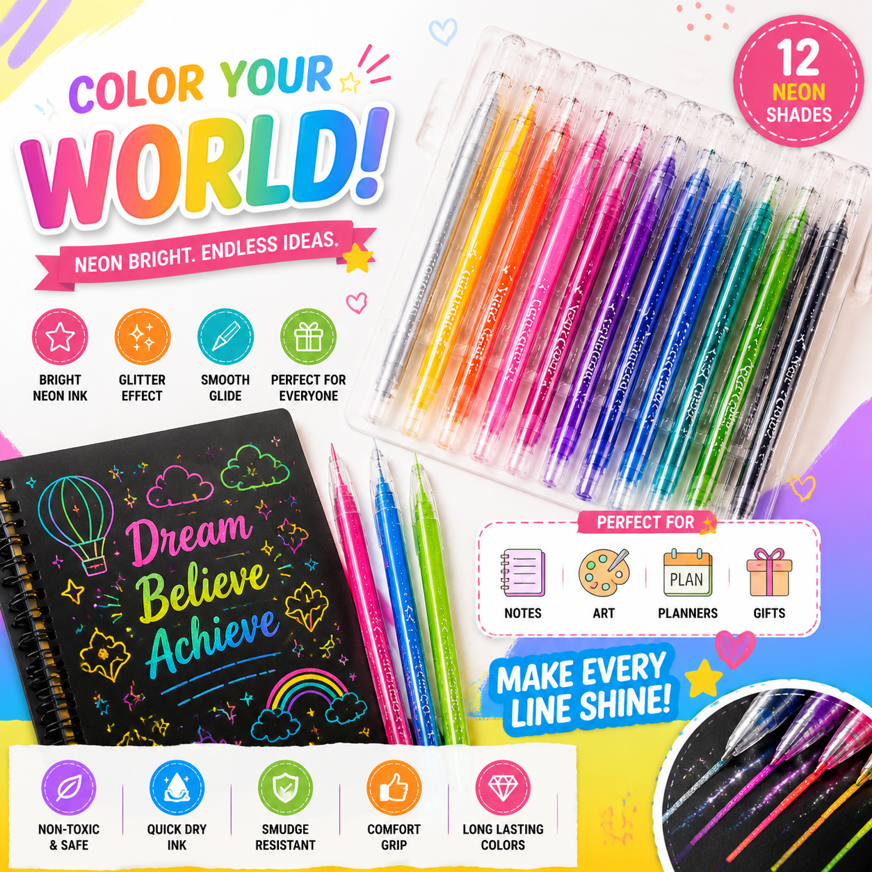 Neon Reusable Glitter Pen Collection ✨🎨