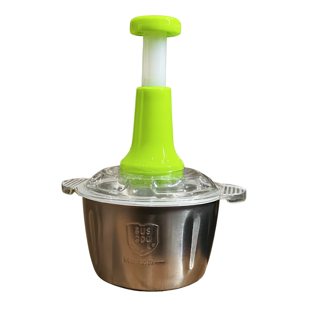 Stainless Steel Manual Food Chopper 2L – Multi-Purpose Vegetable, Fruit & Nut Cutter with Hand Push Blades