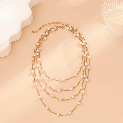 Elegant Classic Gold Multi-Layered Imitation Pearl Chain Necklace for Multi use