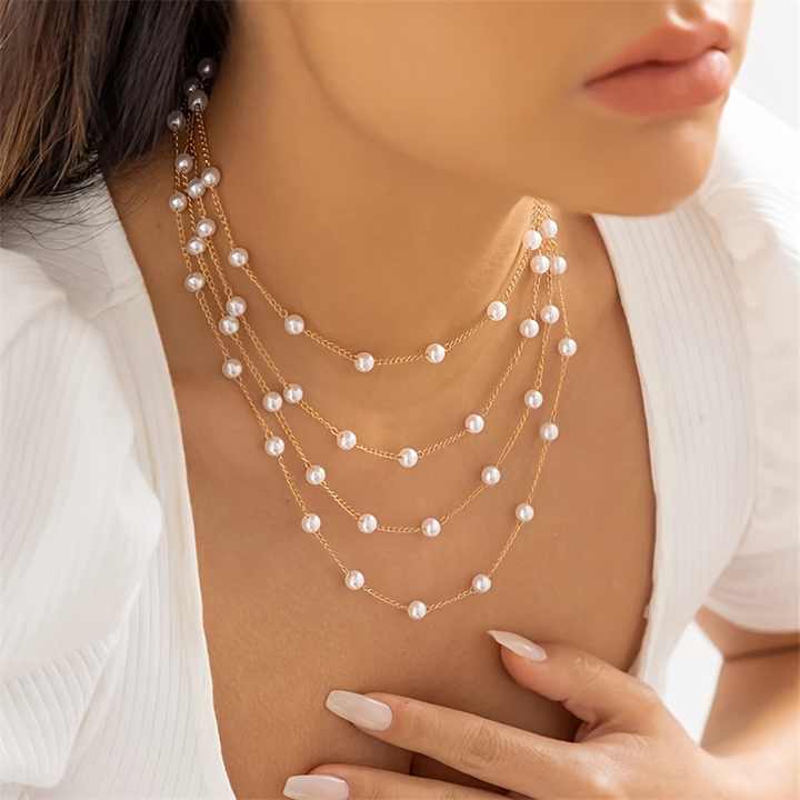 Elegant Classic Gold Multi-Layered Imitation Pearl Chain Necklace for Multi use