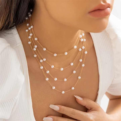 Elegant Classic Gold Multi-Layered Imitation Pearl Chain Necklace for Multi use
