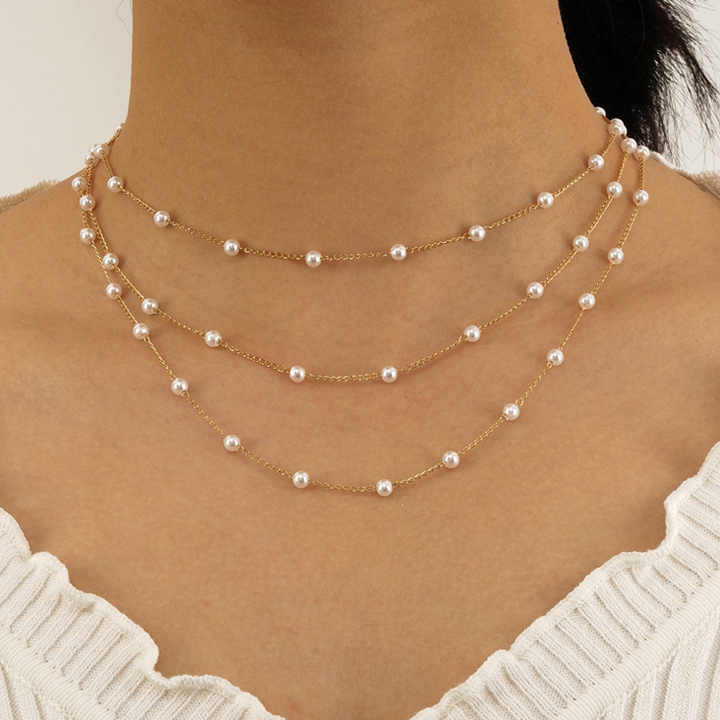 Elegant Classic Gold Multi-Layered Imitation Pearl Chain Necklace for Multi use