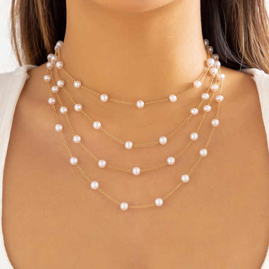 Elegant Classic Gold Multi-Layered Imitation Pearl Chain Necklace for Multi use