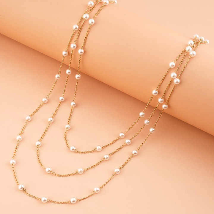 Elegant Classic Gold Multi-Layered Imitation Pearl Chain Necklace for Multi use