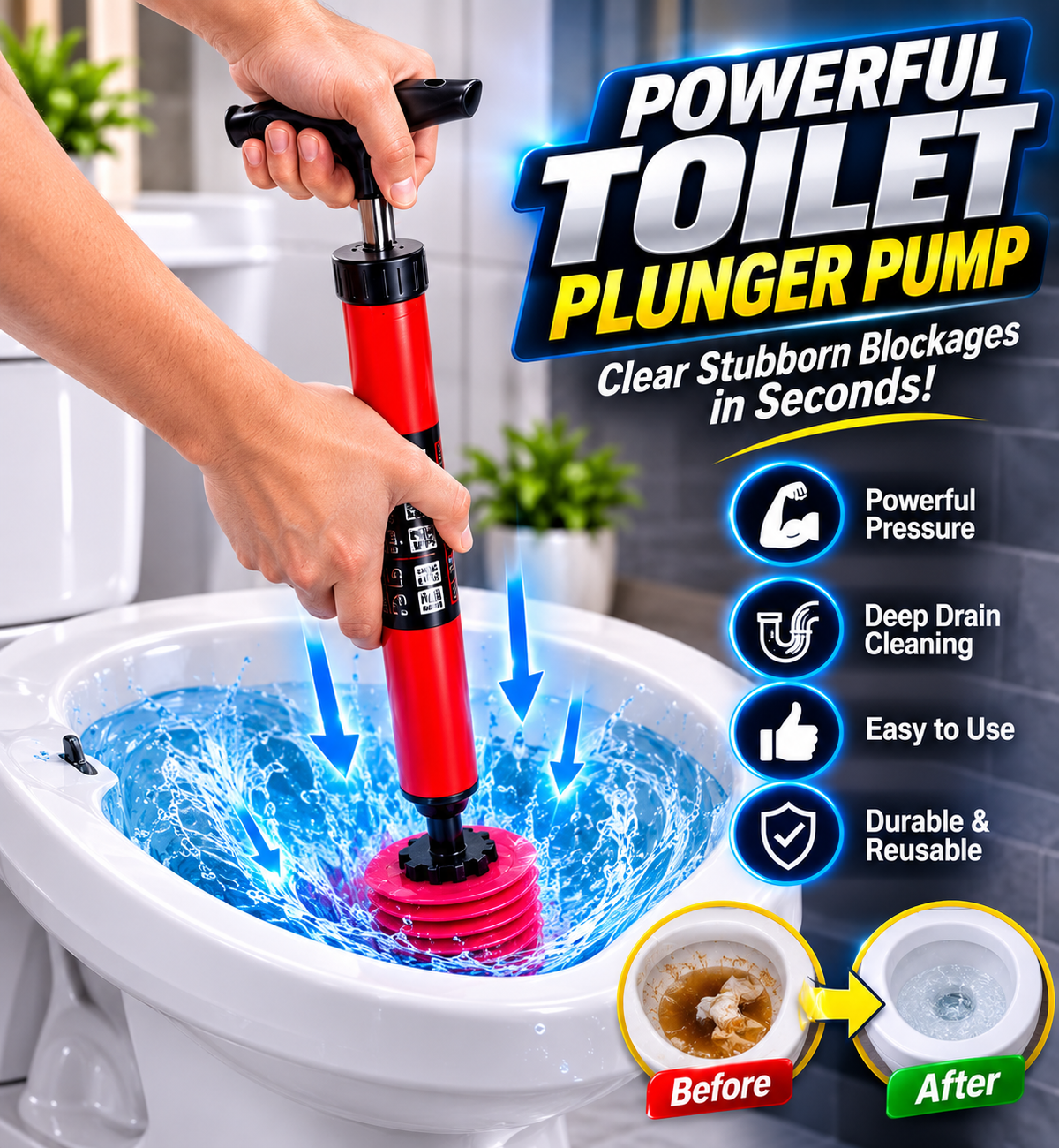 🚽 High Pressure Toilet Plunger – Powerful Drain Unblocker Pump