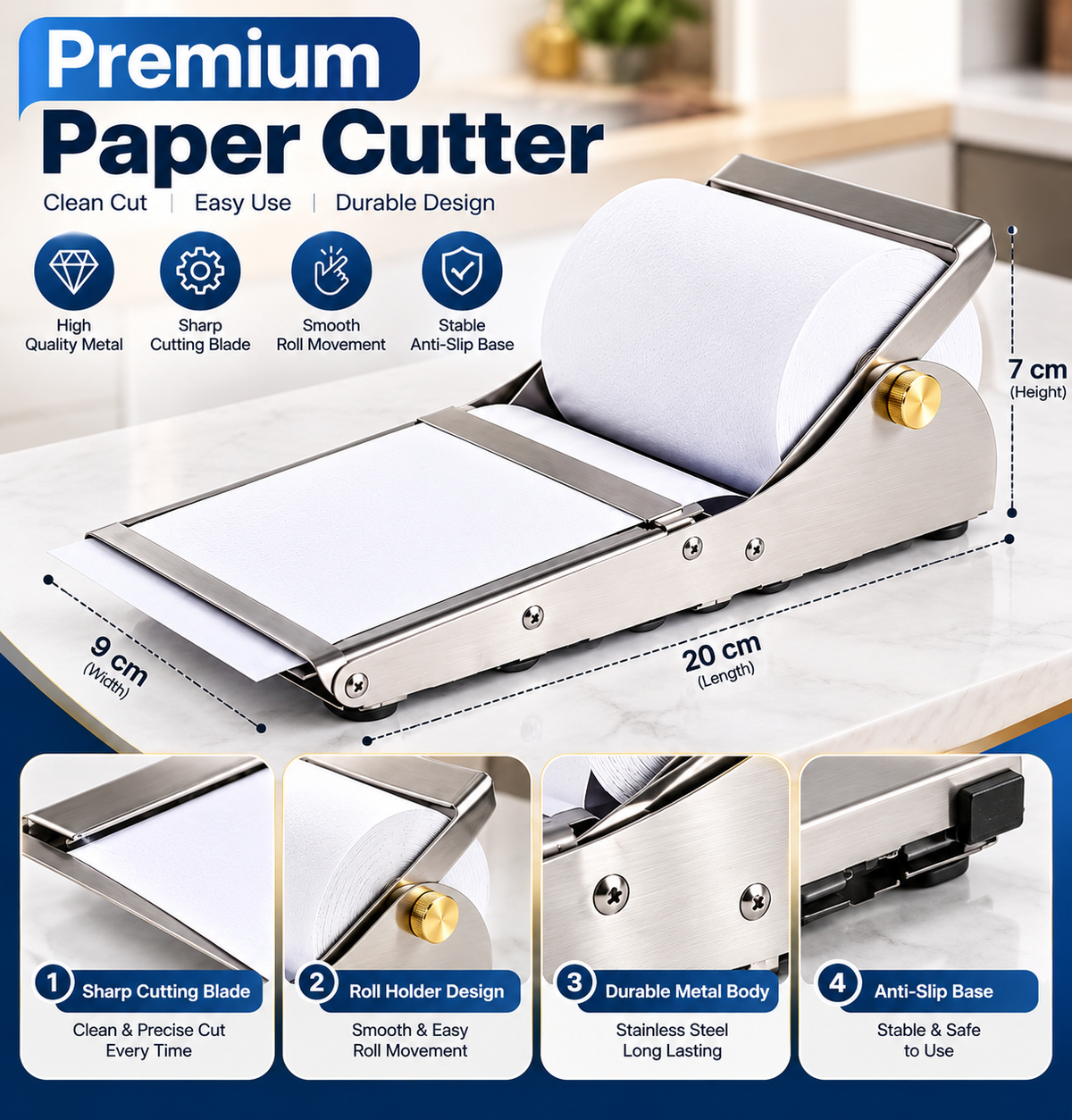 Mech Custom Paper Dispenser Sharp Cutting Edge Stable Flat Base Design Adjustable Roller Spindle Kraft Paper Roll Dispenser