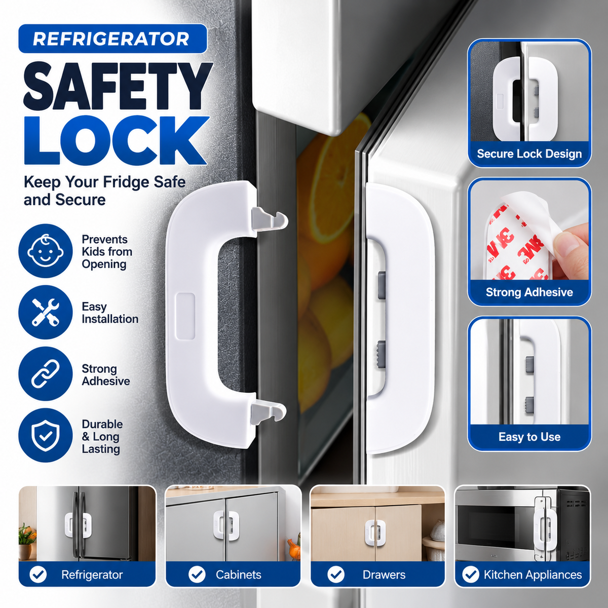 Refrigerator Child Safety Lock – Adhesive Fridge Door Lock for Baby & Kids Protection | No Drilling Required