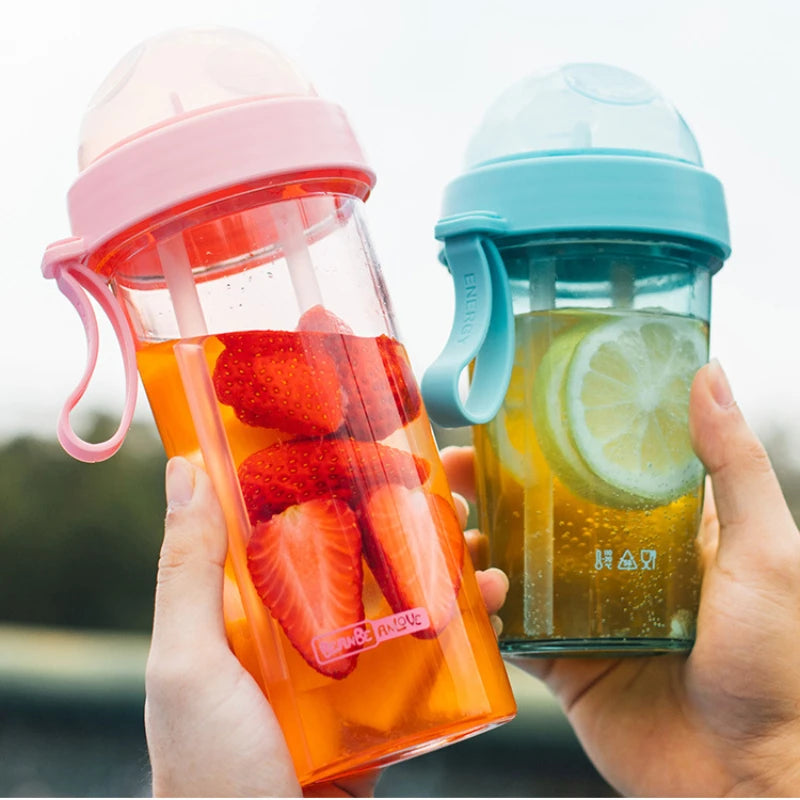 Multifunctional DIY Double Drinking Mouth Cup Double Straw Cup Portable and Cute Dual-use Plastic Cup with Cartoon Sticker