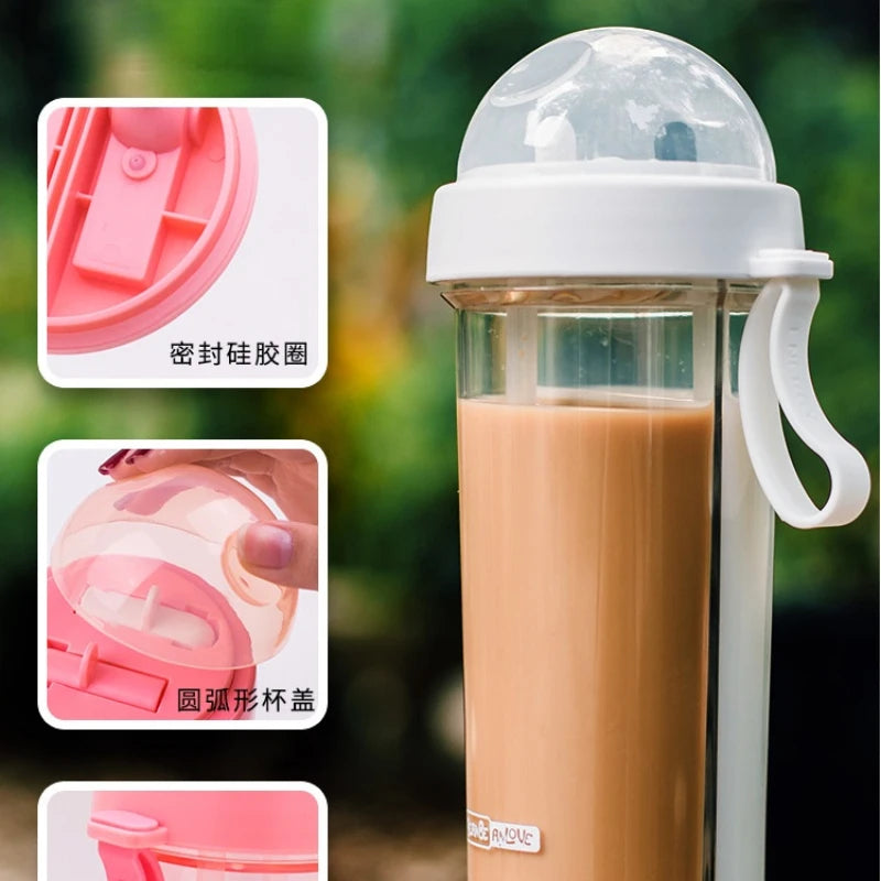 Multifunctional DIY Double Drinking Mouth Cup Double Straw Cup Portable and Cute Dual-use Plastic Cup with Cartoon Sticker