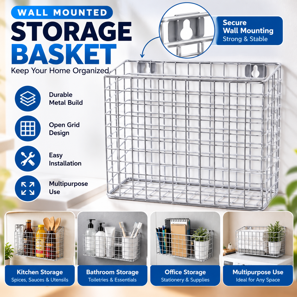 Wall Mounted Metal Storage Basket – Multipurpose Organizer Rack