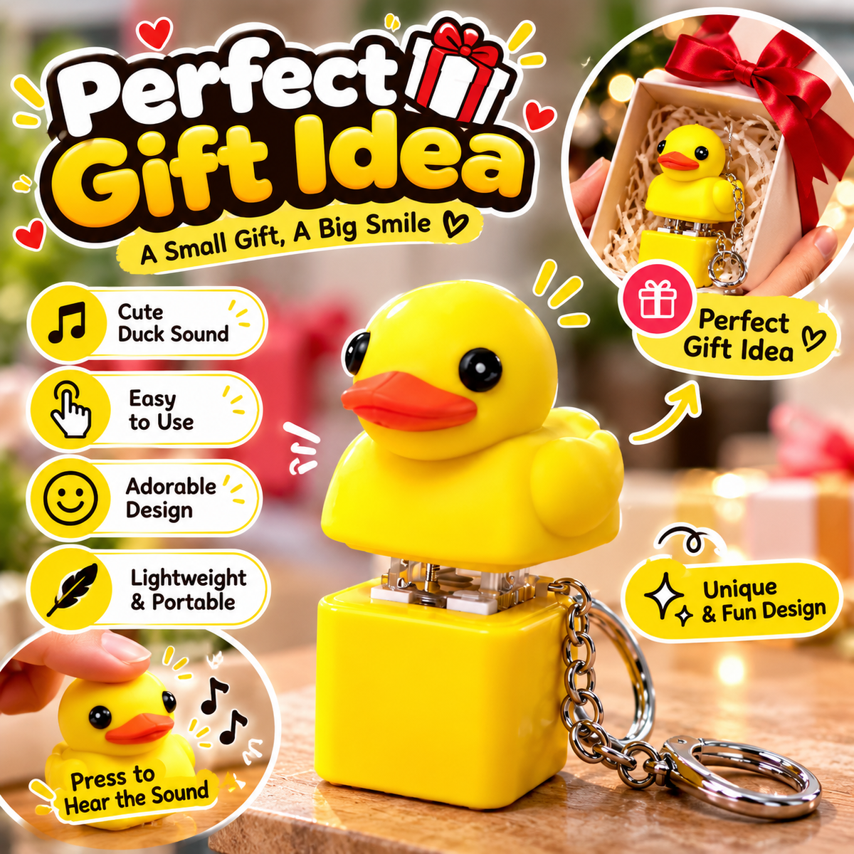 Cute Yellow Duck Sound Keychain – Adorable Press-to-Sound Mini Toy 🐤🔊