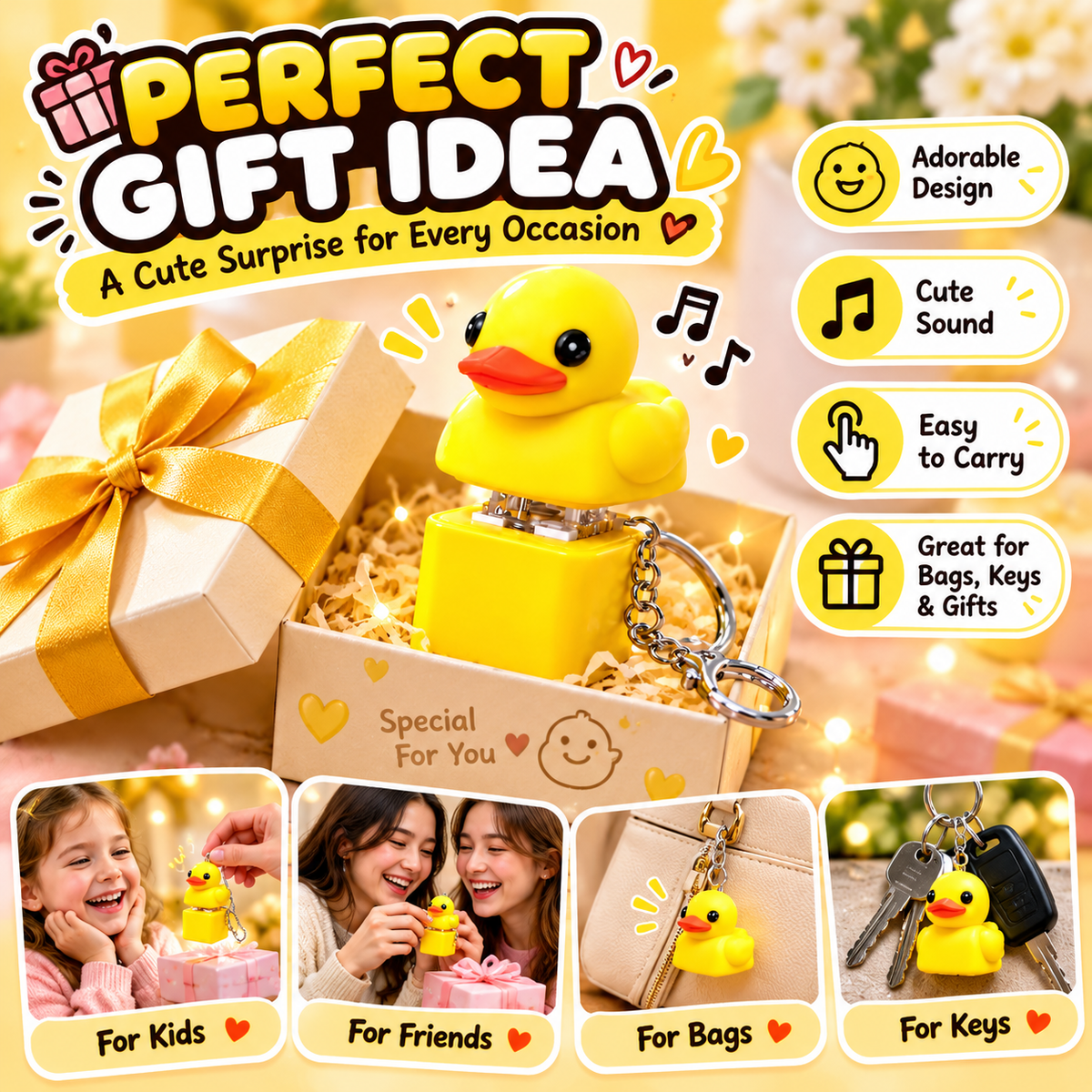 Cute Yellow Duck Sound Keychain – Adorable Press-to-Sound Mini Toy 🐤🔊