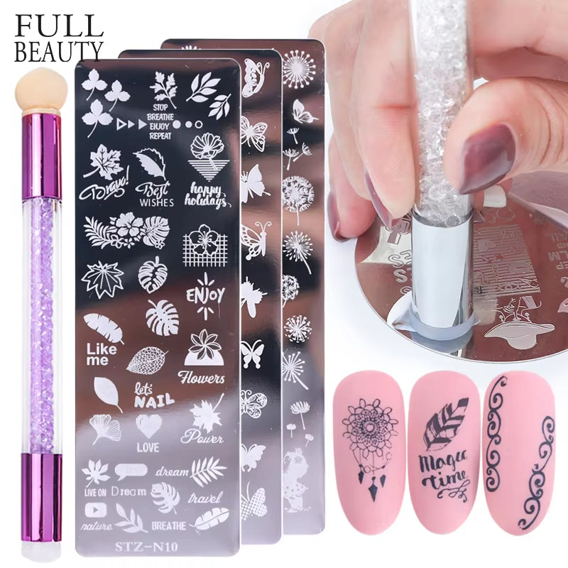 2 pcs Nail Stamping Plates Set with  Silicone Sponge Brush