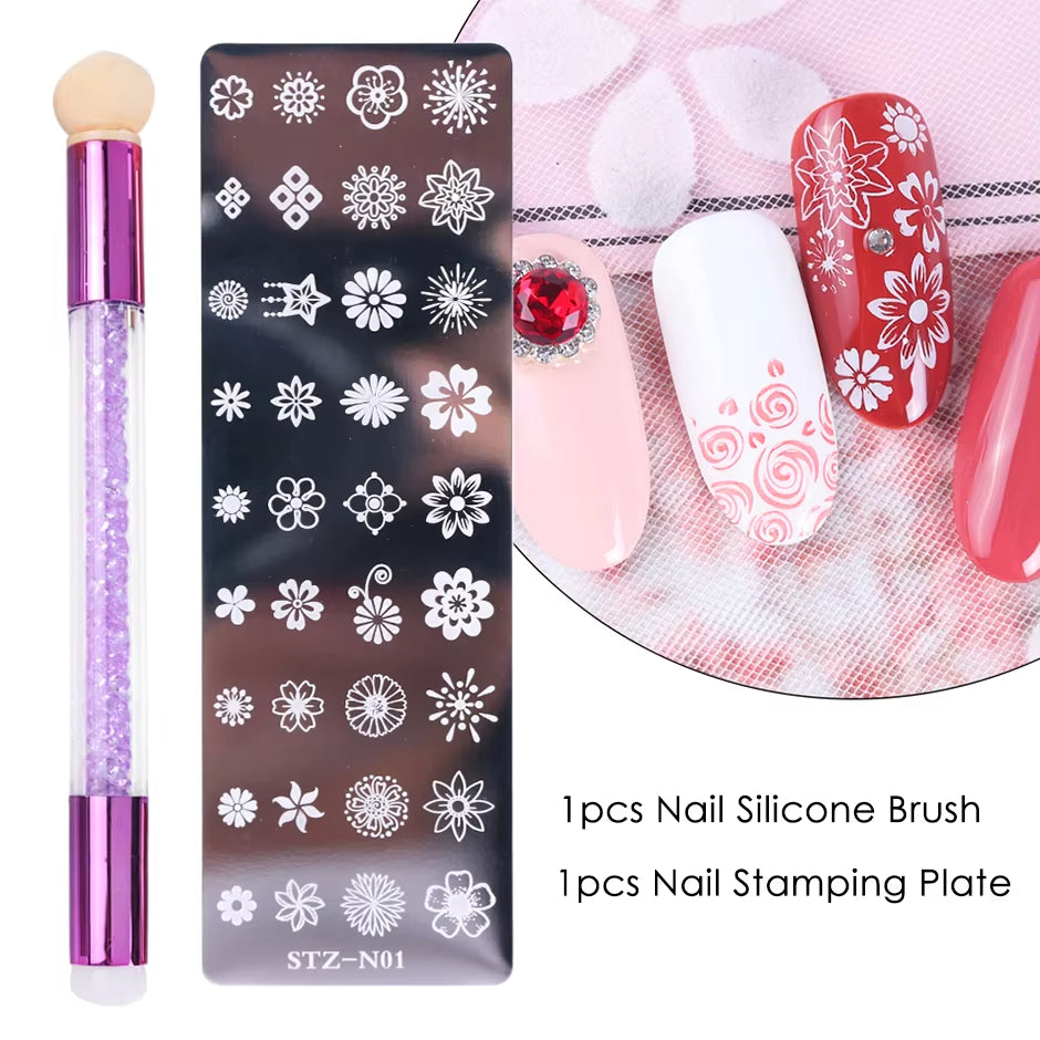 2 pcs Nail Stamping Plates Set with  Silicone Sponge Brush