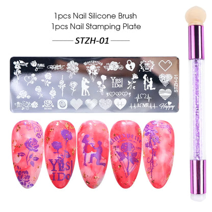 2 pcs Nail Stamping Plates Set with  Silicone Sponge Brush