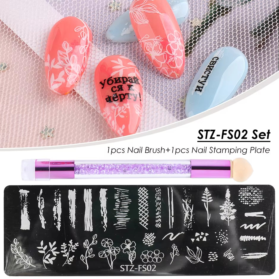 2 pcs Nail Stamping Plates Set with  Silicone Sponge Brush