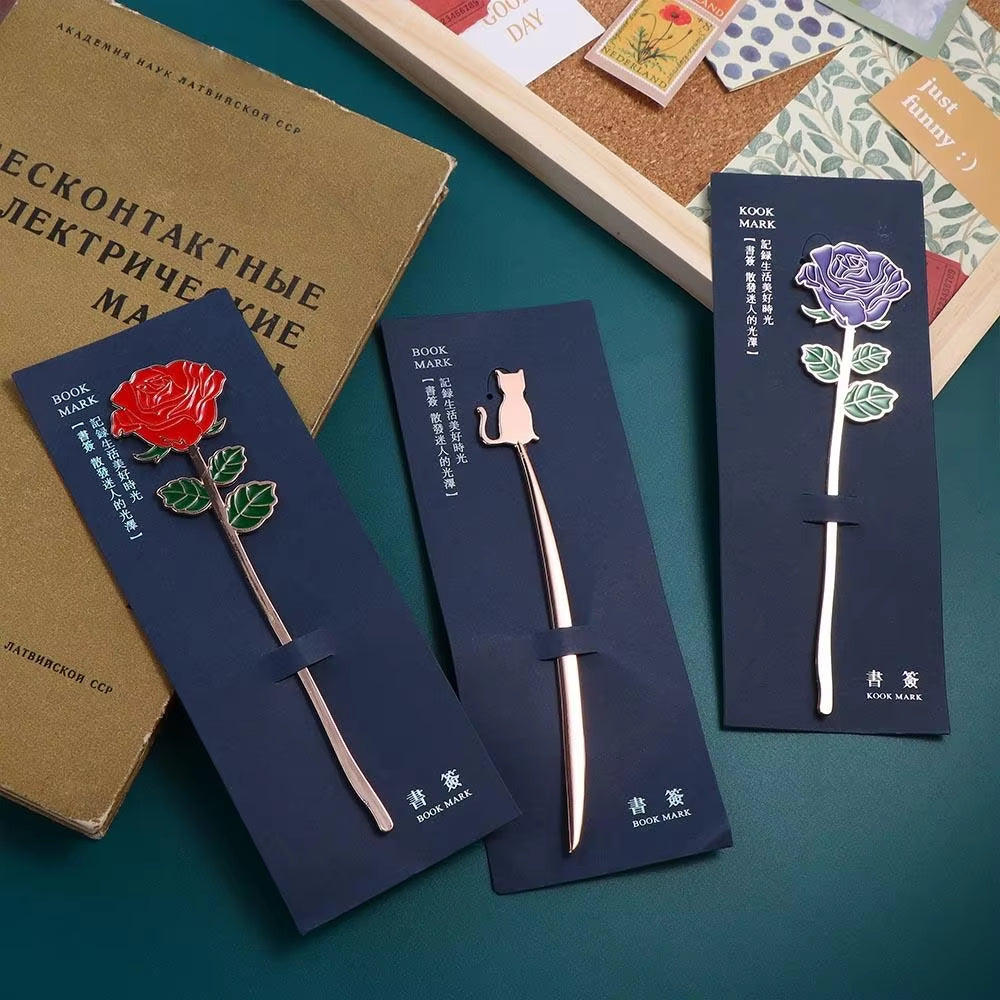 1pc Kawaii Cat Bird Rose Alloy Bookmark