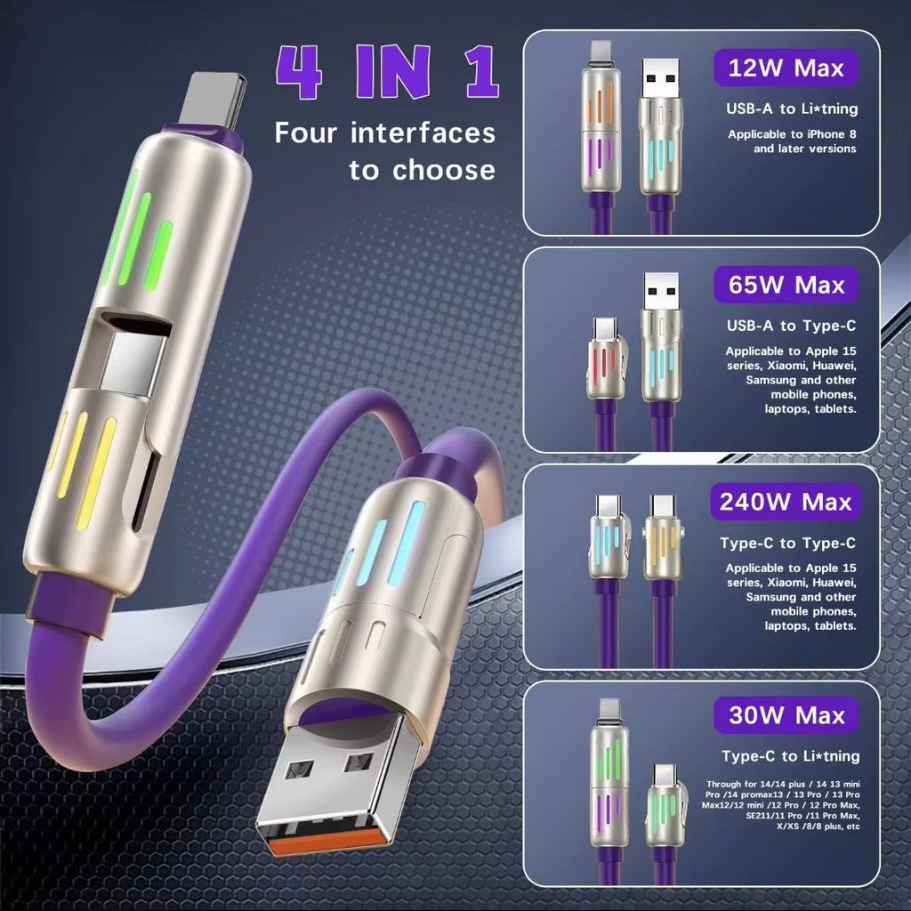 4 in 1 Multi Connectors Charger Rotating Elbow USB Charging Silicone Cable