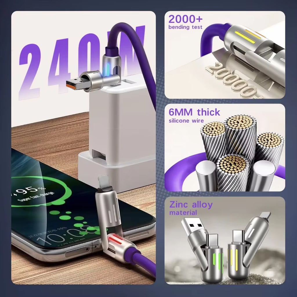 4 in 1 Multi Connectors Charger Rotating Elbow USB Charging Silicone Cable